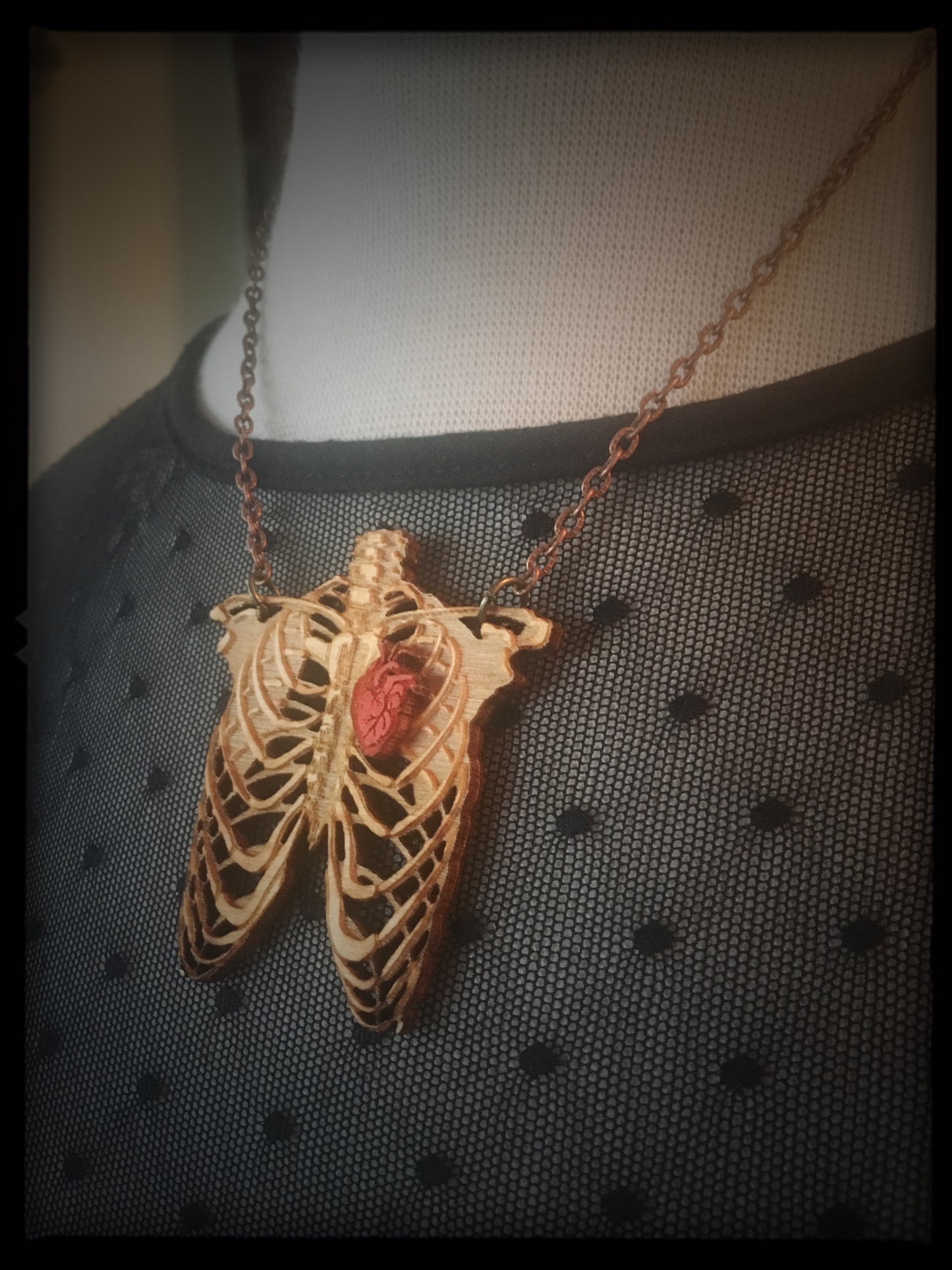 Rib Cage and Heart - Wooden Necklace - Large