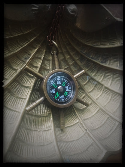 Ship Wheel Compass - Antiqued Brass Necklace