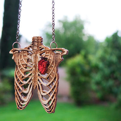 Rib Cage and Heart - Wooden Necklace - Small