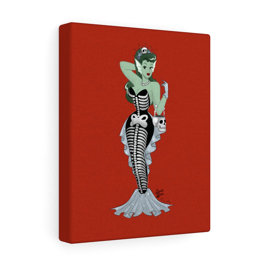 Skeleton Mermaid Babe - 8"x10" Canvas - RED