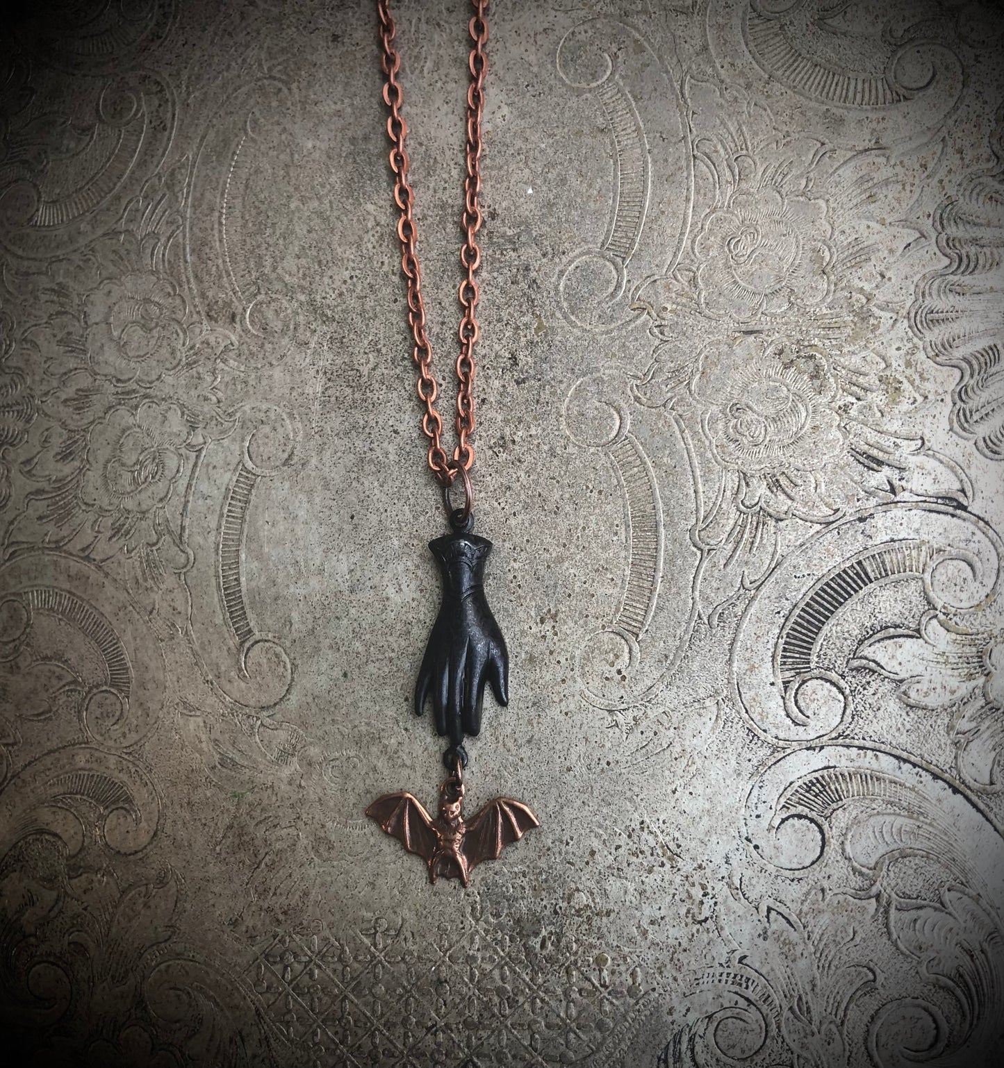 Victorian Hand Bat Necklace - Copper