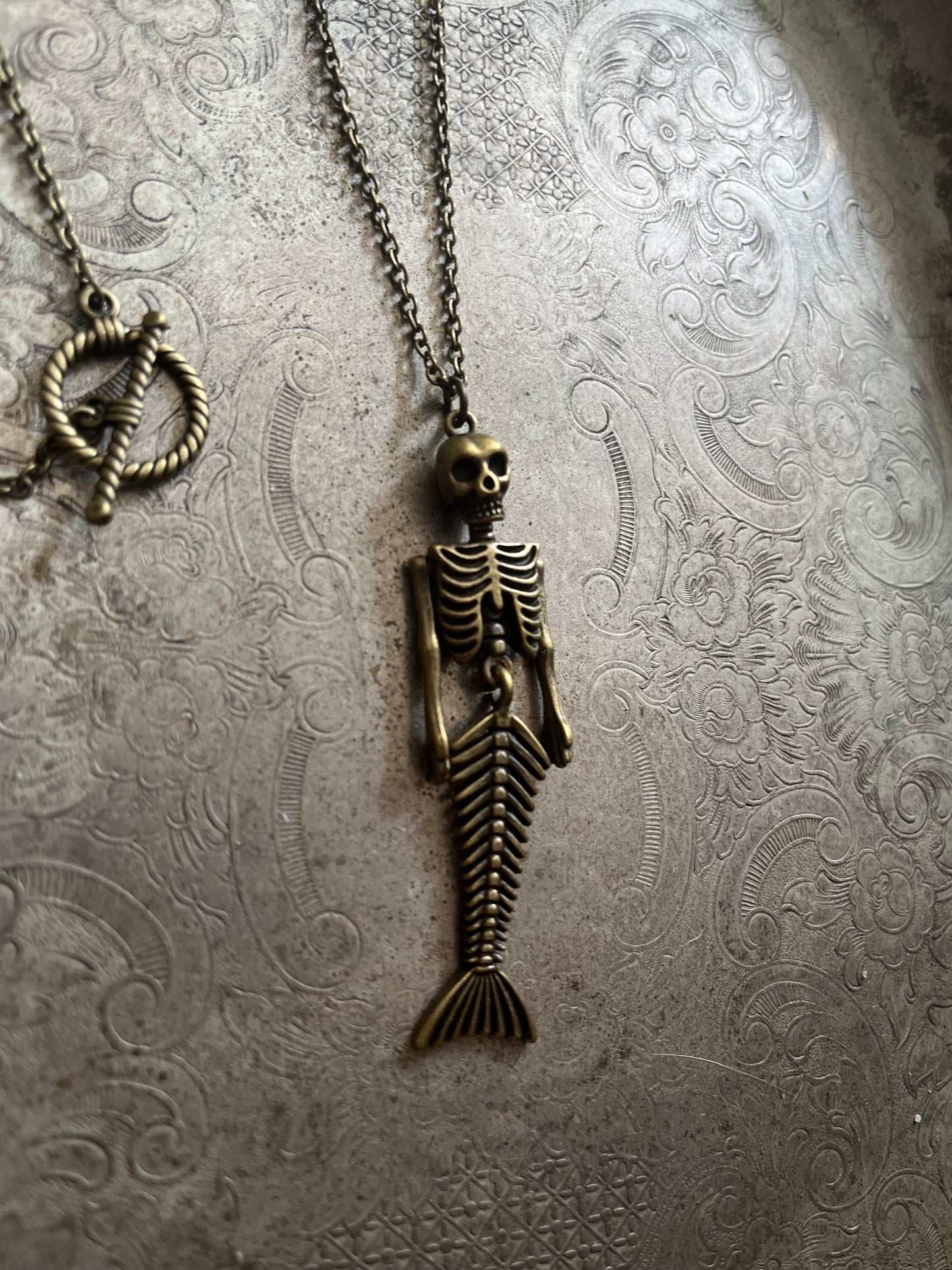 Brass Skeleton Mermaid Necklace