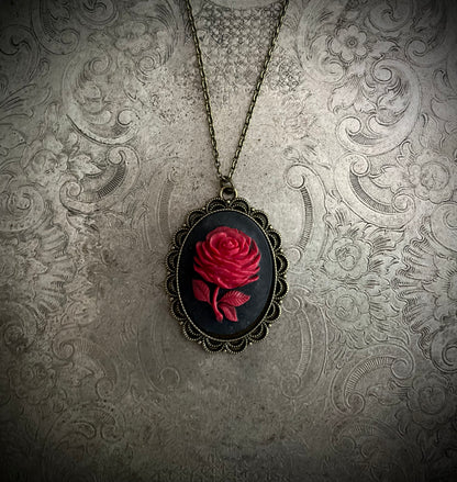 Gothic Blood Red Rose Cameo Necklace