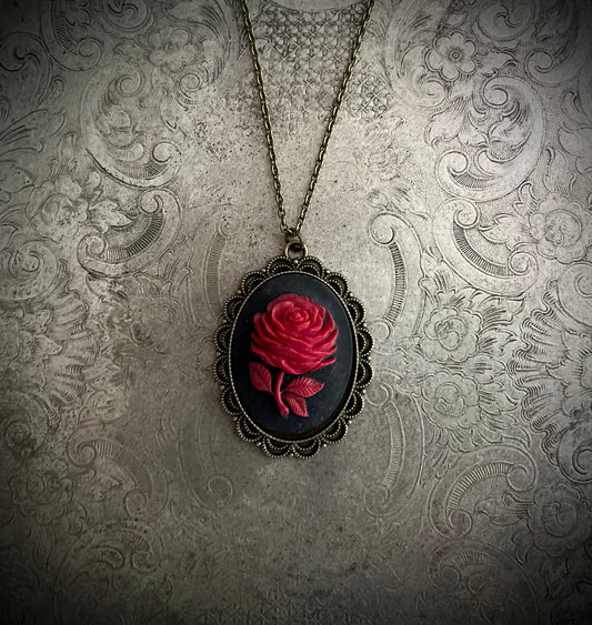Gothic Blood Red Rose Cameo Necklace