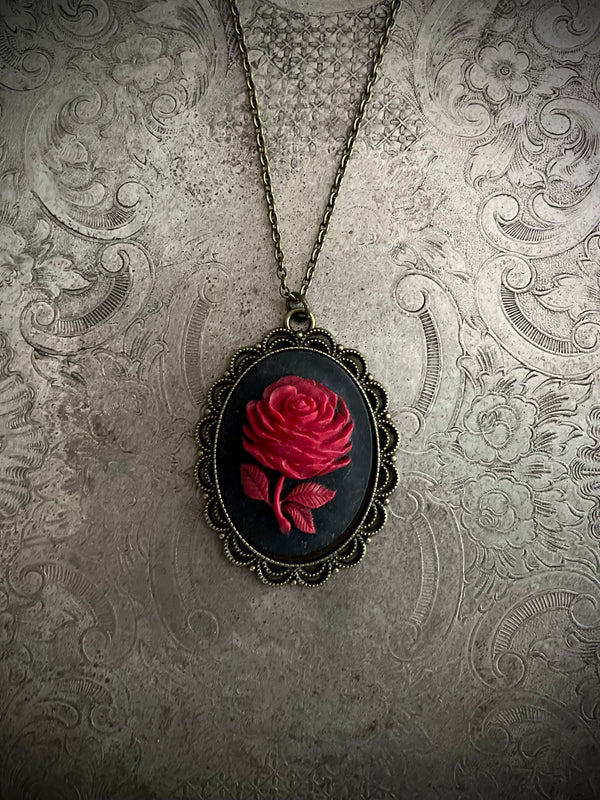 Gothic Blood Red Rose Cameo Necklace