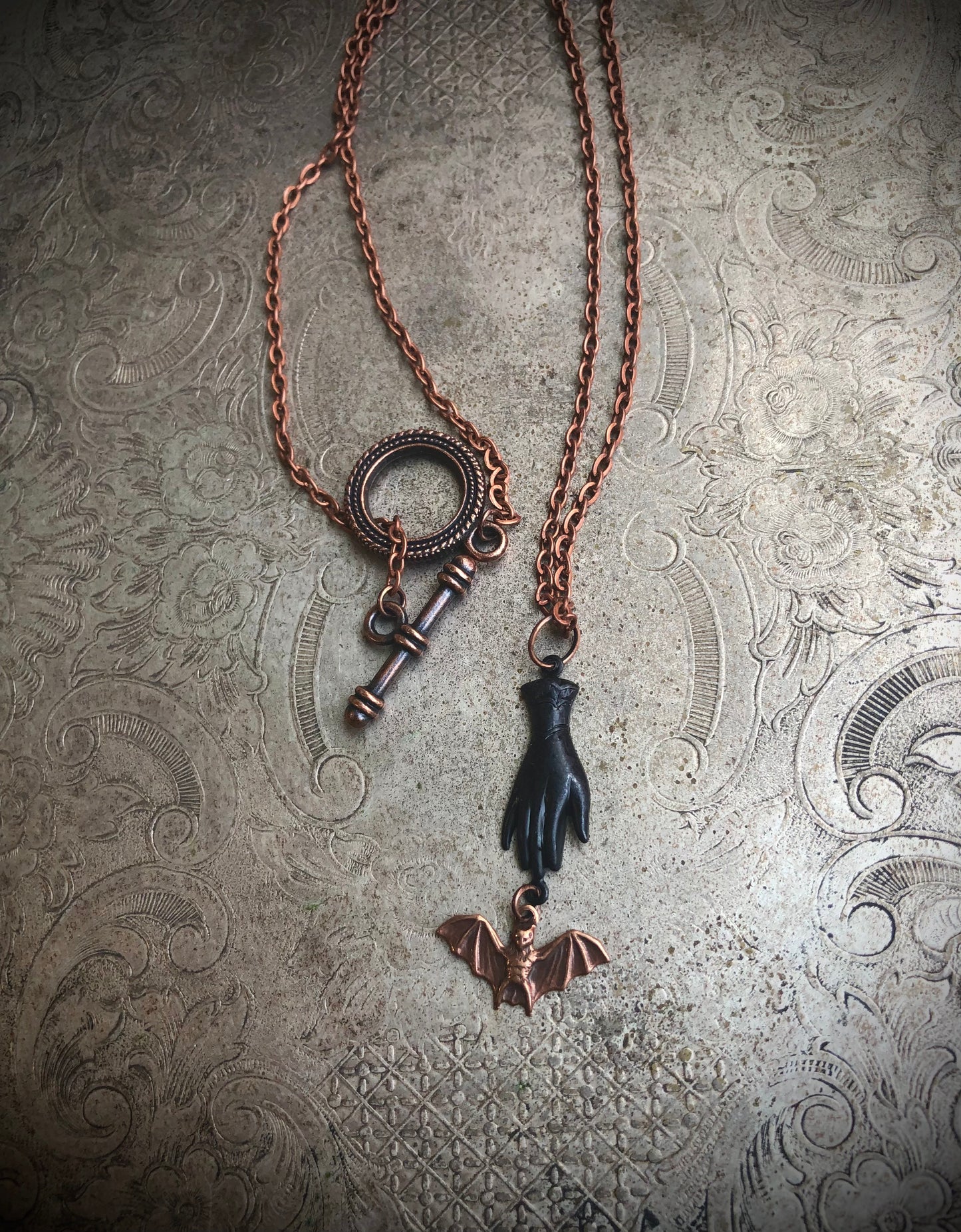 Victorian Hand Bat Necklace - Copper