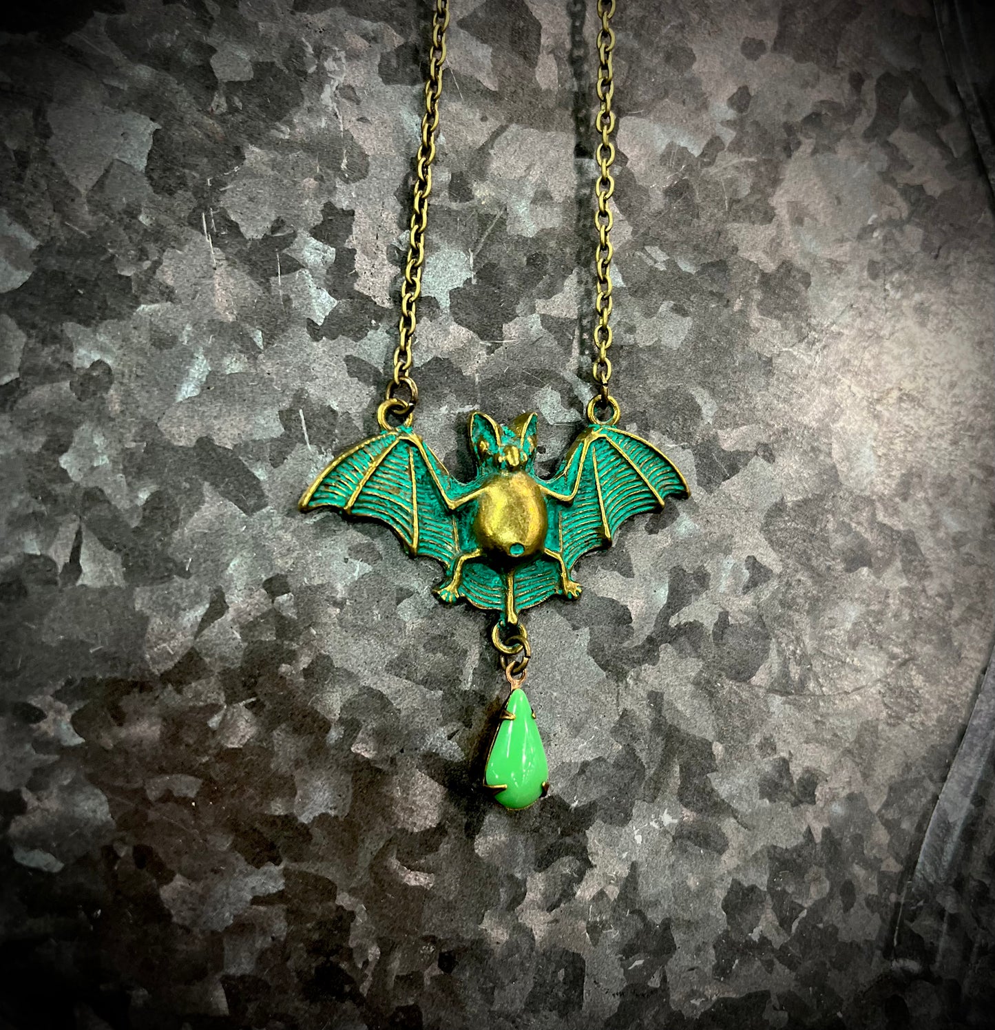 Antiqued Bat with Green Droplet  - Necklace
