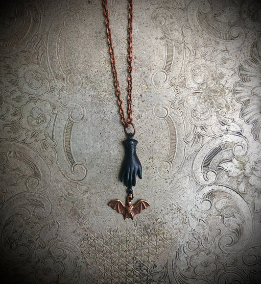 Victorian Hand Bat Necklace - Copper